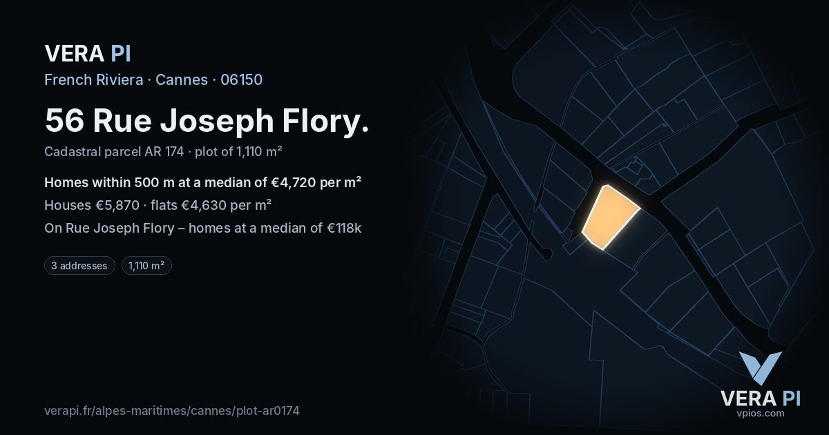 56 Rue Joseph Flory, Cannes at night – the plot lit, the parcels around coloured by the prices near them