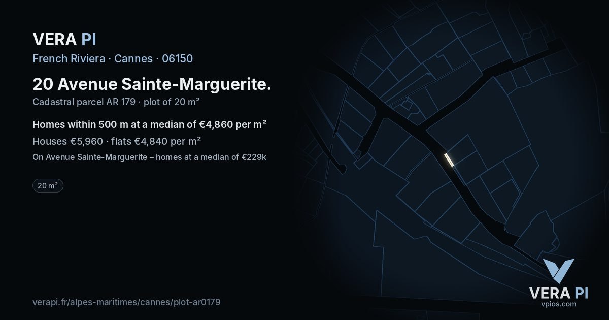 20 Avenue Sainte-Marguerite, Cannes at night – the plot lit, the parcels around coloured by the prices near them
