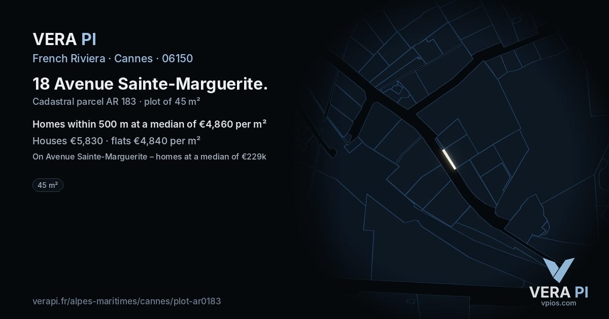 18 Avenue Sainte-Marguerite, Cannes at night – the plot lit, the parcels around coloured by the prices near them