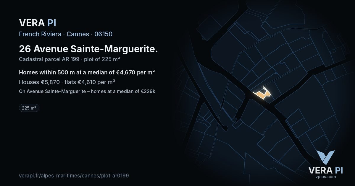 26 Avenue Sainte-Marguerite, Cannes at night – the plot lit, the parcels around coloured by the prices near them