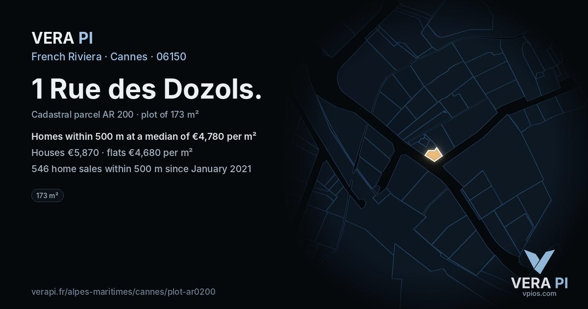 1 Rue des Dozols, Cannes at night – the plot lit, the parcels around coloured by the prices near them