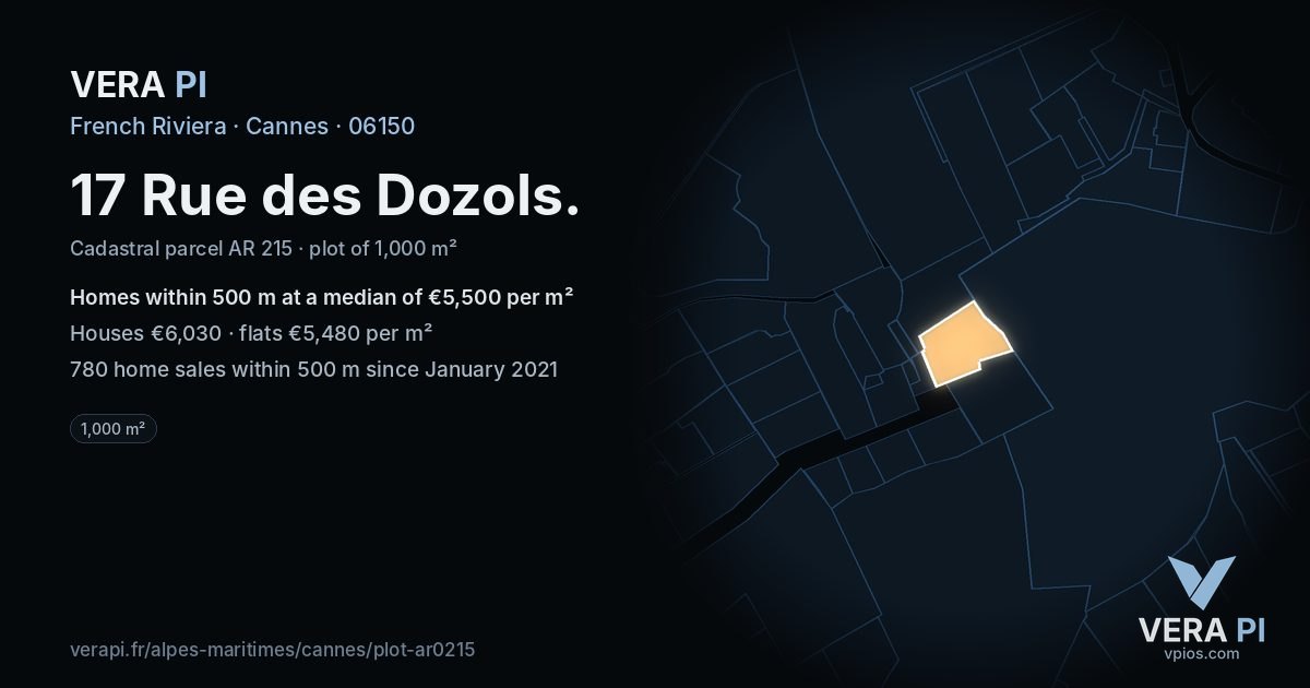 17 Rue des Dozols, Cannes at night – the plot lit, the parcels around coloured by the prices near them