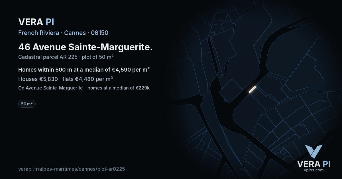 46 Avenue Sainte-Marguerite, Cannes at night – the plot lit, the parcels around coloured by the prices near them