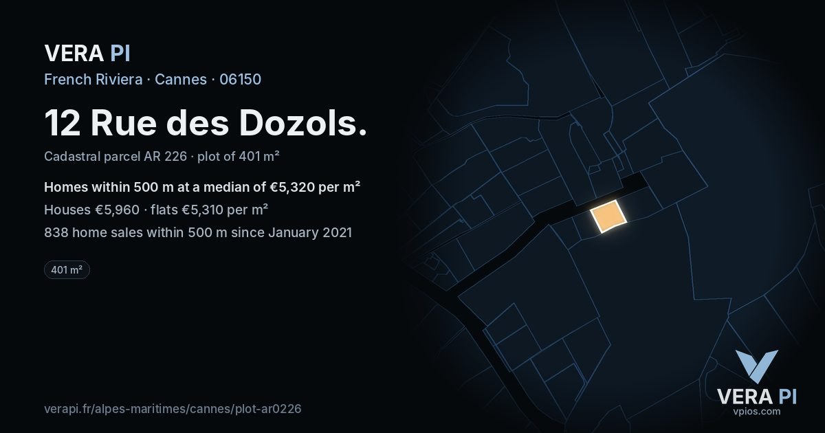 12 Rue des Dozols, Cannes at night – the plot lit, the parcels around coloured by the prices near them