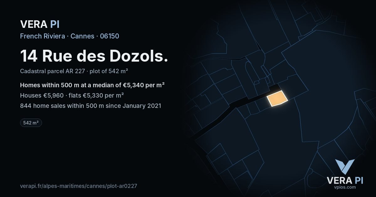 14 Rue des Dozols, Cannes at night – the plot lit, the parcels around coloured by the prices near them