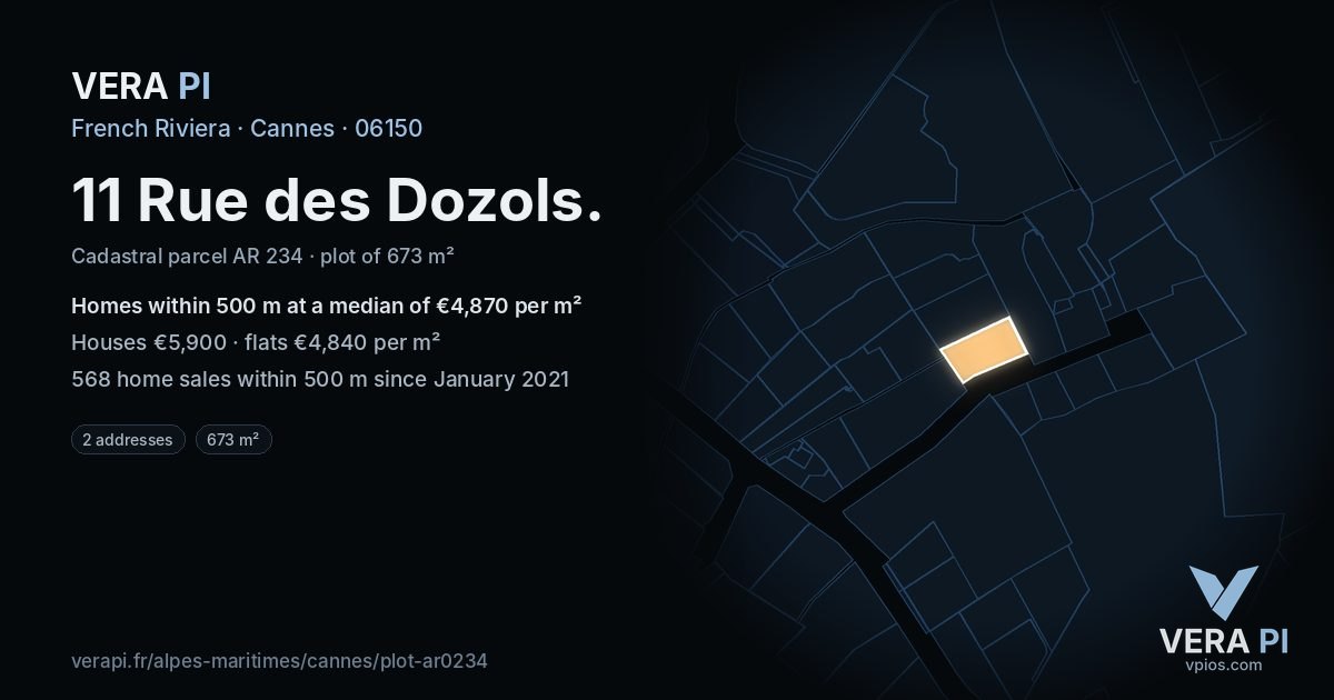11 Rue des Dozols, Cannes at night – the plot lit, the parcels around coloured by the prices near them