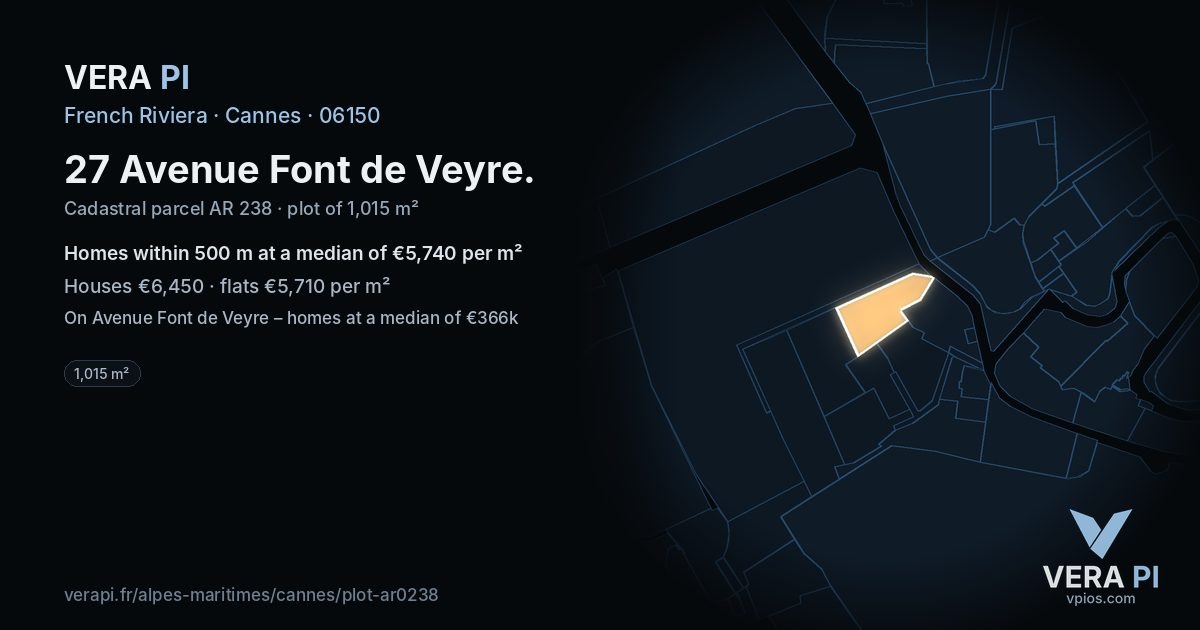 27 Avenue Font de Veyre, Cannes at night – the plot lit, the parcels around coloured by the prices near them