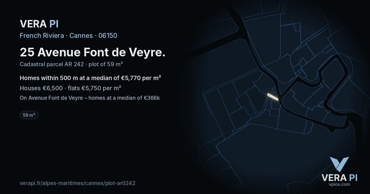 25 Avenue Font de Veyre, Cannes at night – the plot lit, the parcels around coloured by the prices near them