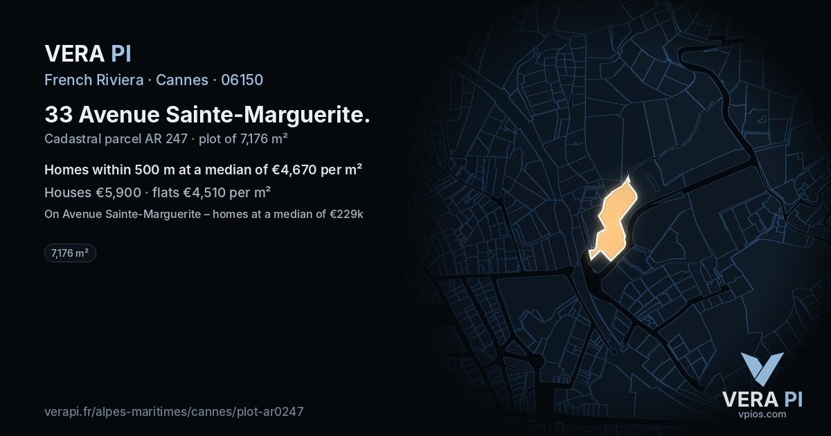 33 Avenue Sainte-Marguerite, Cannes at night – the plot lit, the parcels around coloured by the prices near them