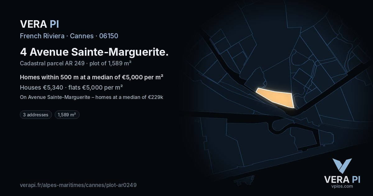 4 Avenue Sainte-Marguerite, Cannes at night – the plot lit, the parcels around coloured by the prices near them