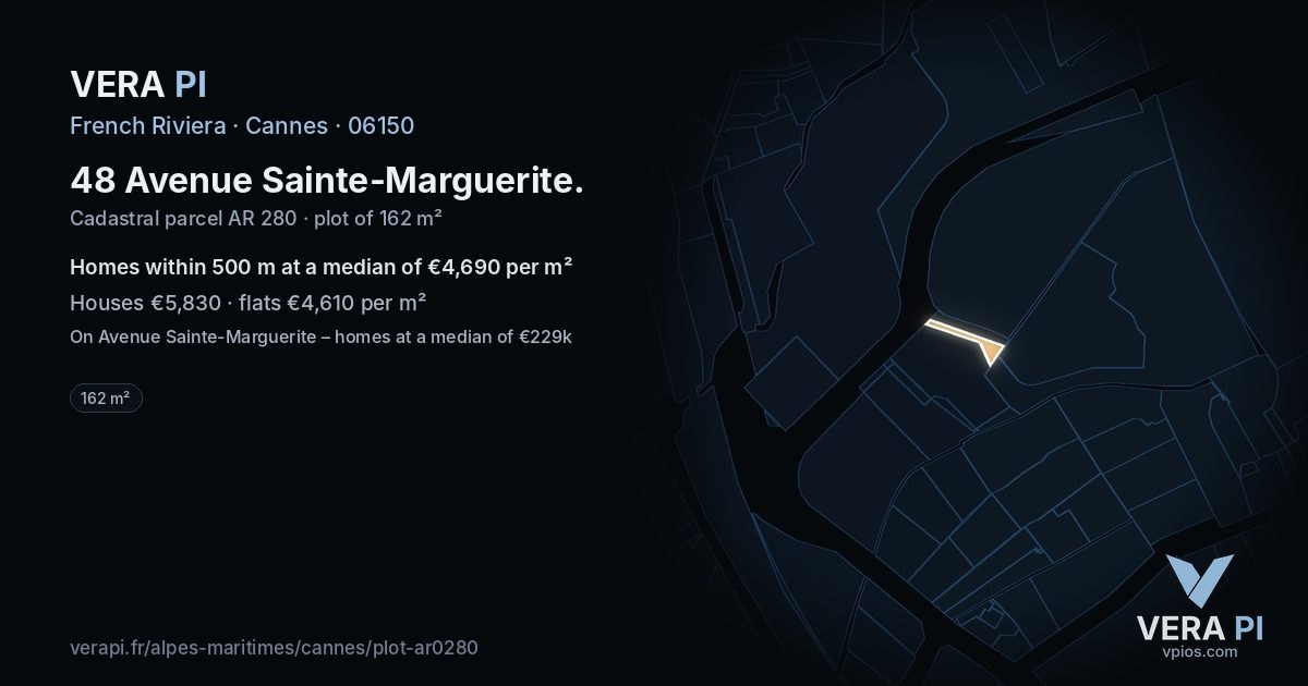 48 Avenue Sainte-Marguerite, Cannes at night – the plot lit, the parcels around coloured by the prices near them