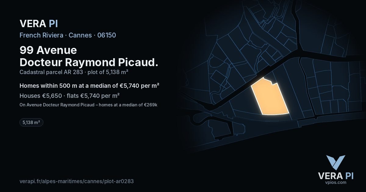 99 Avenue Docteur Raymond Picaud, Cannes at night – the plot lit, the parcels around coloured by the prices near them