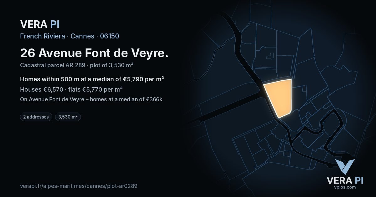 26 Avenue Font de Veyre, Cannes at night – the plot lit, the parcels around coloured by the prices near them