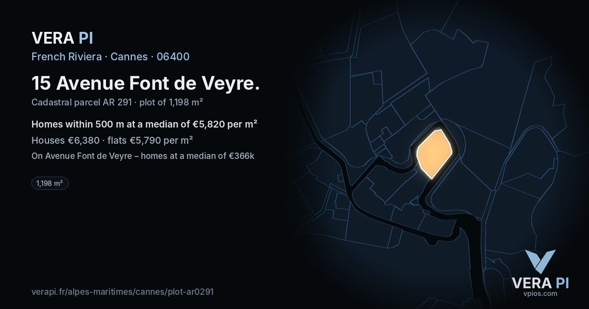 15 Avenue Font de Veyre, Cannes at night – the plot lit, the parcels around coloured by the prices near them