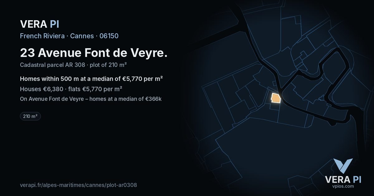 23 Avenue Font de Veyre, Cannes at night – the plot lit, the parcels around coloured by the prices near them