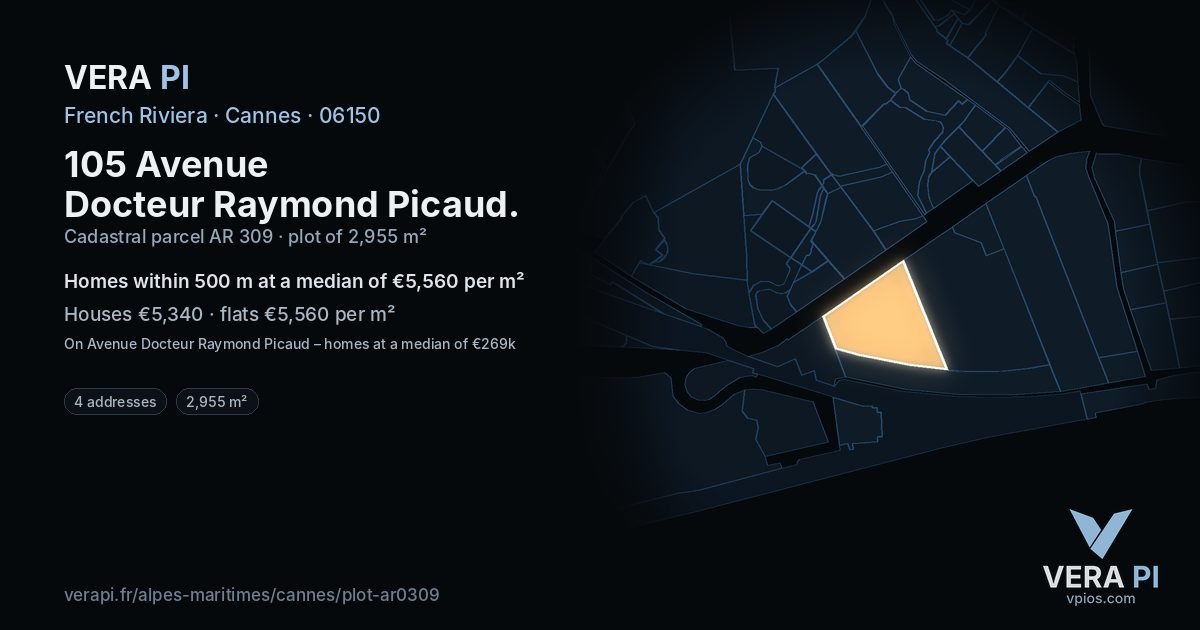 105 Avenue Docteur Raymond Picaud, Cannes at night – the plot lit, the parcels around coloured by the prices near them