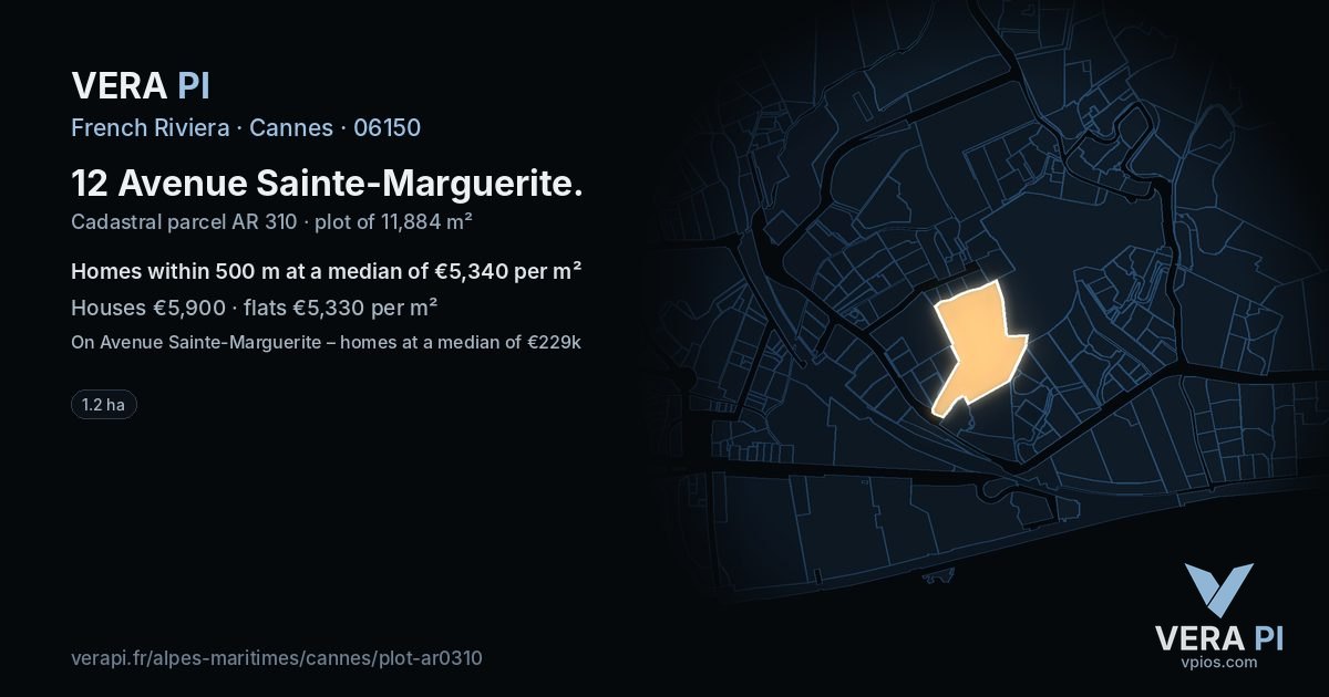 12 Avenue Sainte-Marguerite, Cannes at night – the plot lit, the parcels around coloured by the prices near them