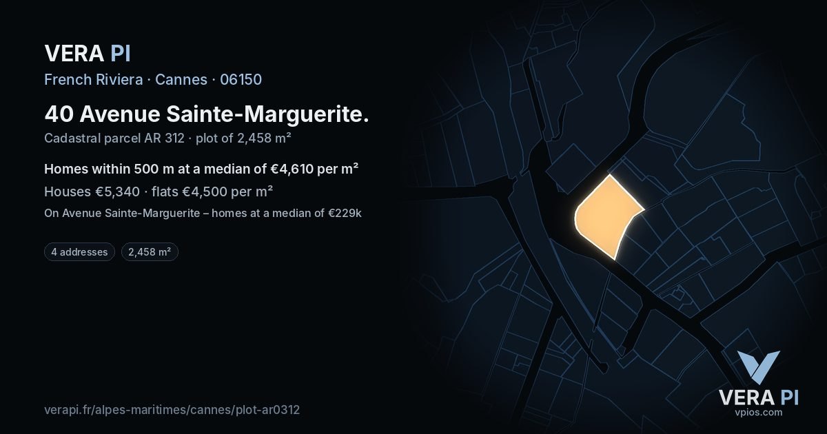 40 Avenue Sainte-Marguerite, Cannes at night – the plot lit, the parcels around coloured by the prices near them
