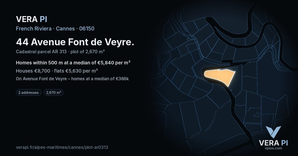44 Avenue Font de Veyre, Cannes at night – the plot lit, the parcels around coloured by the prices near them