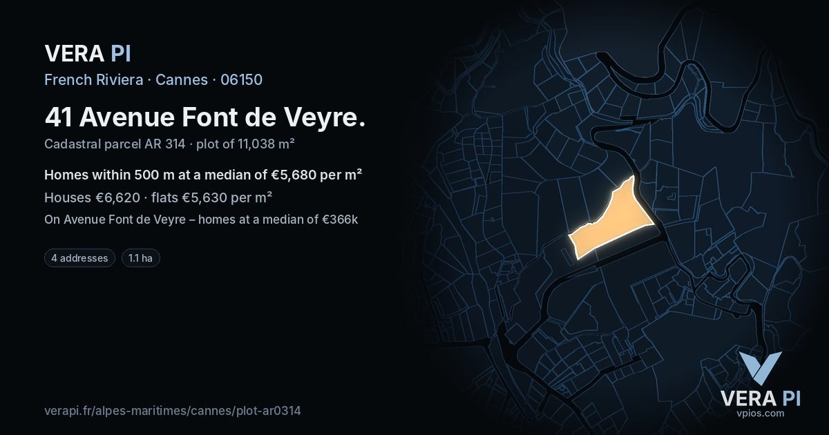 41 Avenue Font de Veyre, Cannes at night – the plot lit, the parcels around coloured by the prices near them