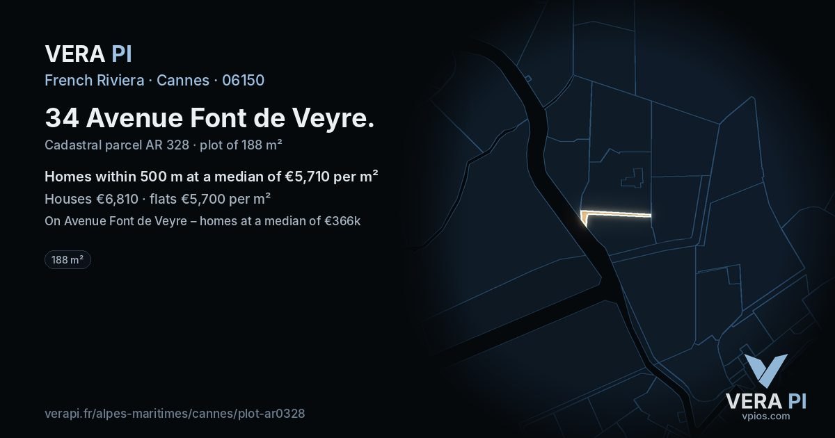 34 Avenue Font de Veyre, Cannes at night – the plot lit, the parcels around coloured by the prices near them