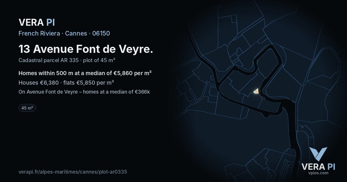 13 Avenue Font de Veyre, Cannes at night – the plot lit, the parcels around coloured by the prices near them