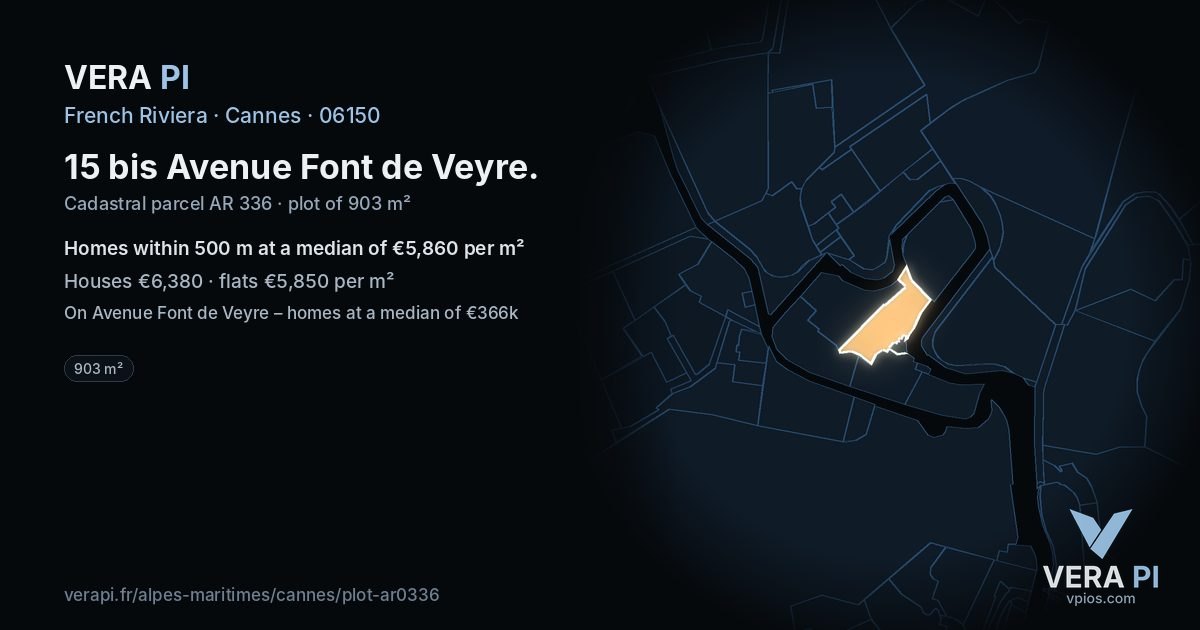 15 bis Avenue Font de Veyre, Cannes at night – the plot lit, the parcels around coloured by the prices near them