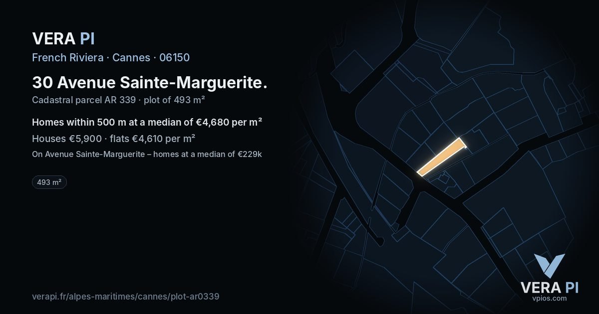 30 Avenue Sainte-Marguerite, Cannes at night – the plot lit, the parcels around coloured by the prices near them