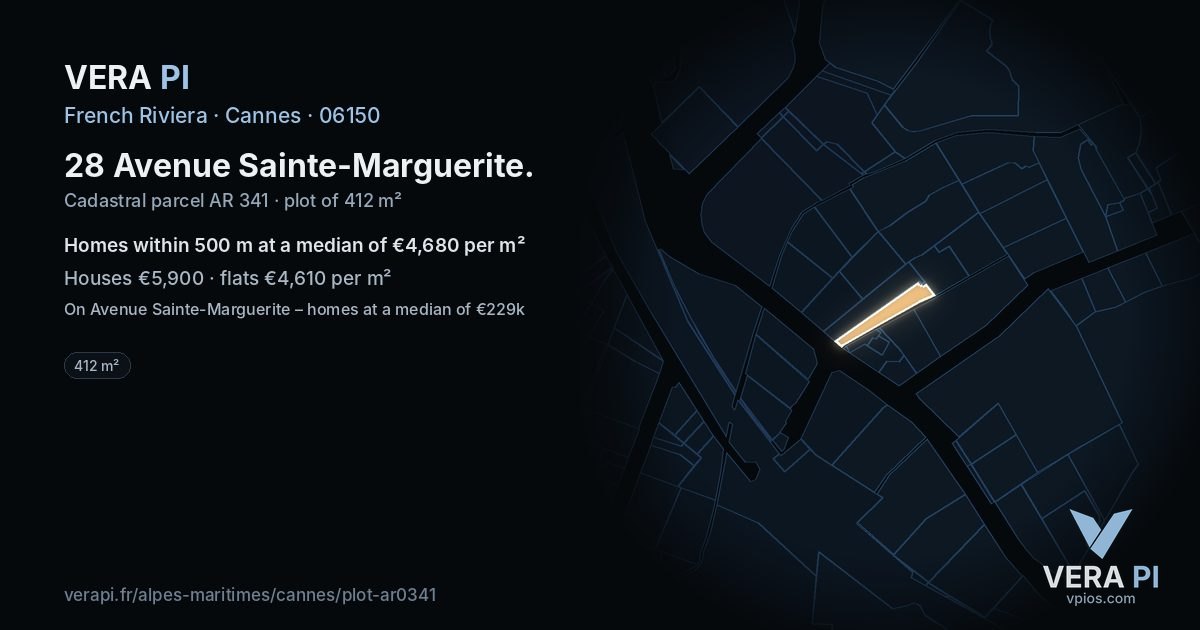 28 Avenue Sainte-Marguerite, Cannes at night – the plot lit, the parcels around coloured by the prices near them