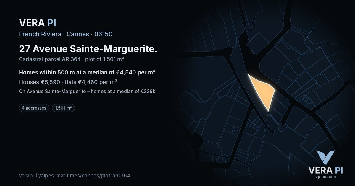 27 Avenue Sainte-Marguerite, Cannes at night – the plot lit, the parcels around coloured by the prices near them
