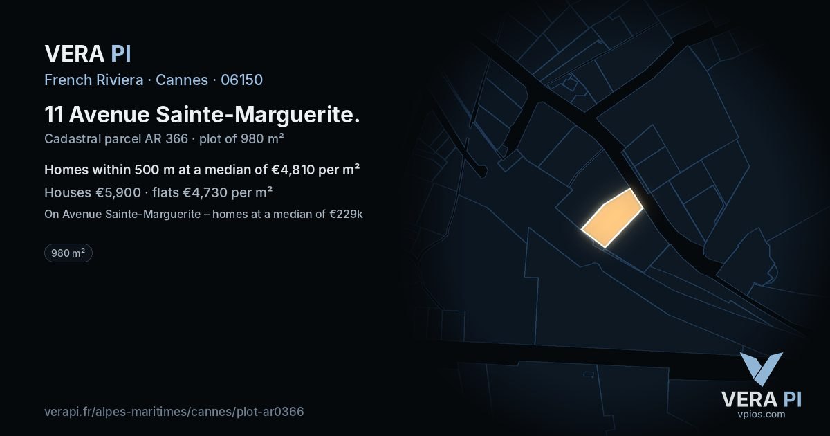 11 Avenue Sainte-Marguerite, Cannes at night – the plot lit, the parcels around coloured by the prices near them