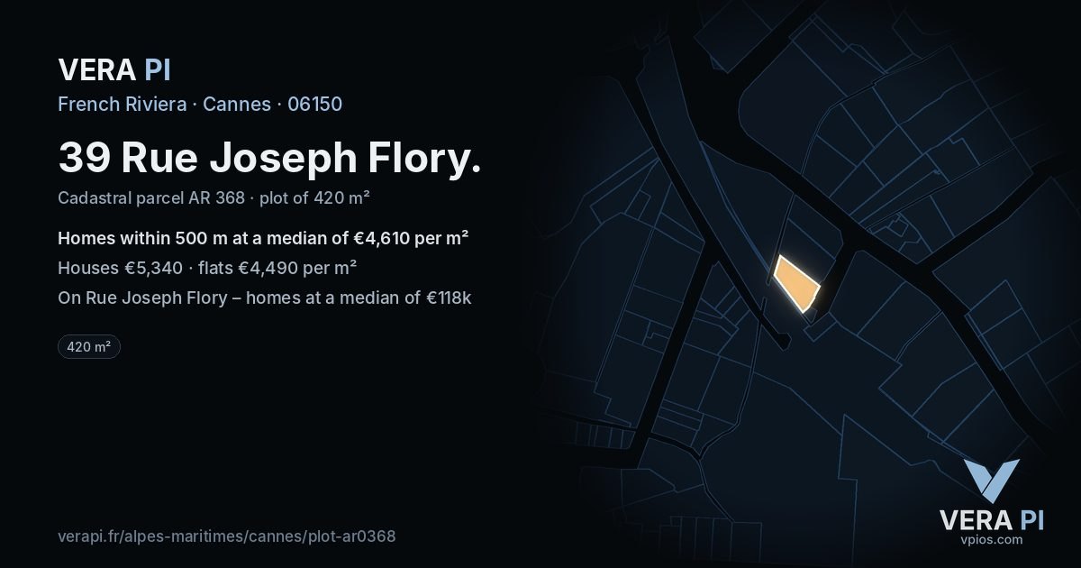39 Rue Joseph Flory, Cannes at night – the plot lit, the parcels around coloured by the prices near them