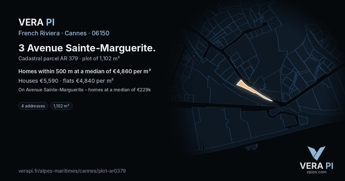 3 Avenue Sainte-Marguerite, Cannes at night – the plot lit, the parcels around coloured by the prices near them
