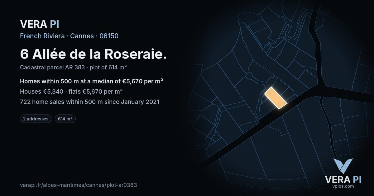 6 Allée de la Roseraie, Cannes at night – the plot lit, the parcels around coloured by the prices near them