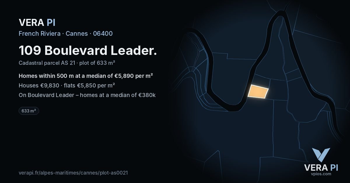 109 Boulevard Leader, Cannes at night – the plot lit, the parcels around coloured by the prices near them