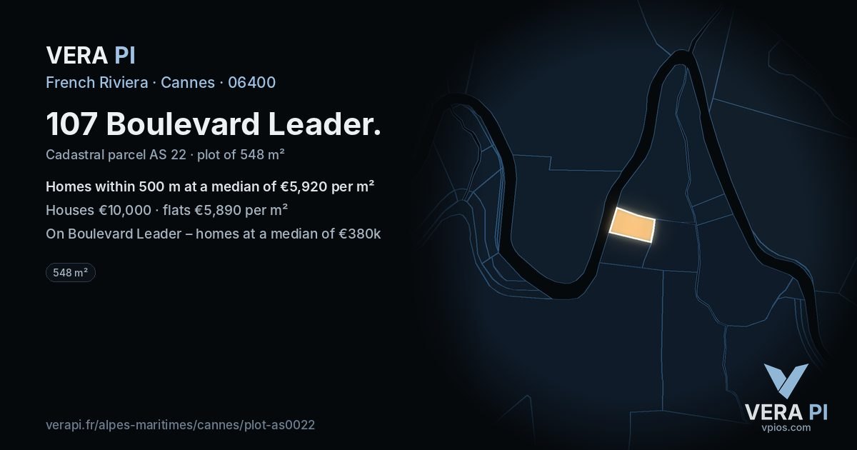 107 Boulevard Leader, Cannes at night – the plot lit, the parcels around coloured by the prices near them