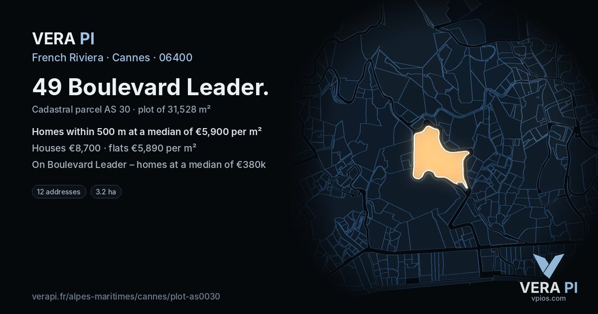 49 Boulevard Leader, Cannes at night – the plot lit, the parcels around coloured by the prices near them