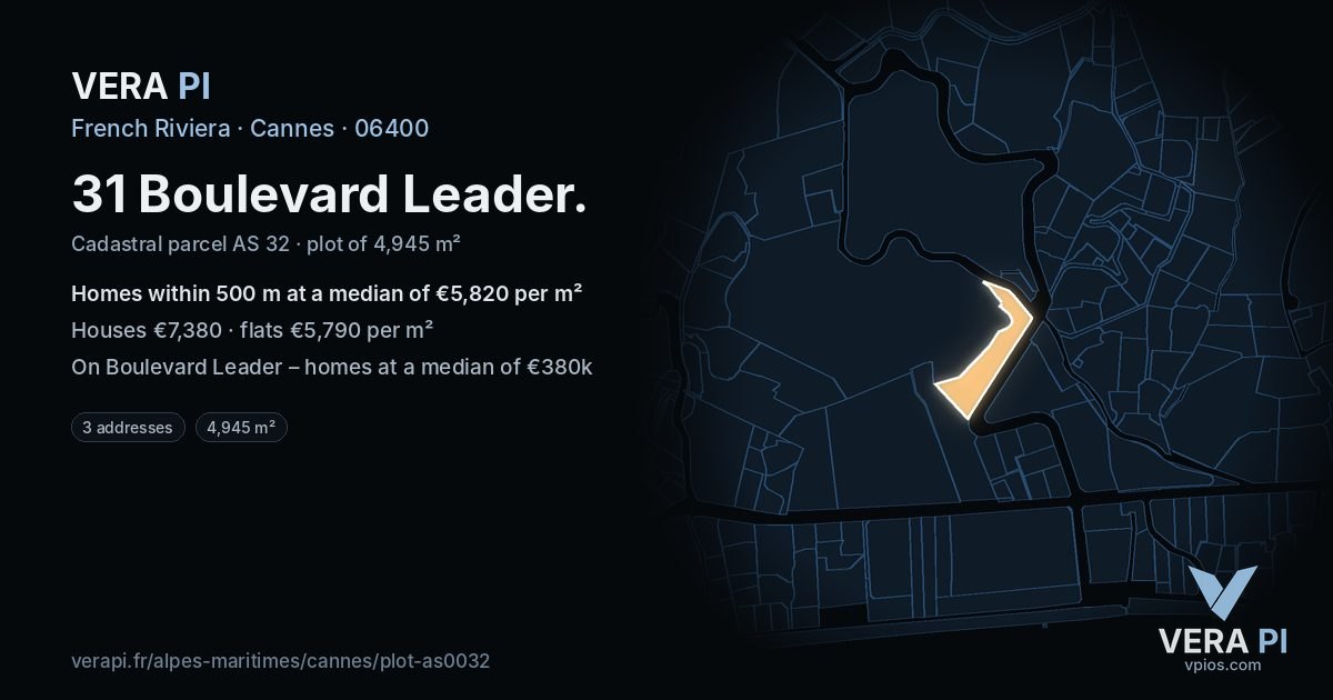 31 Boulevard Leader, Cannes at night – the plot lit, the parcels around coloured by the prices near them