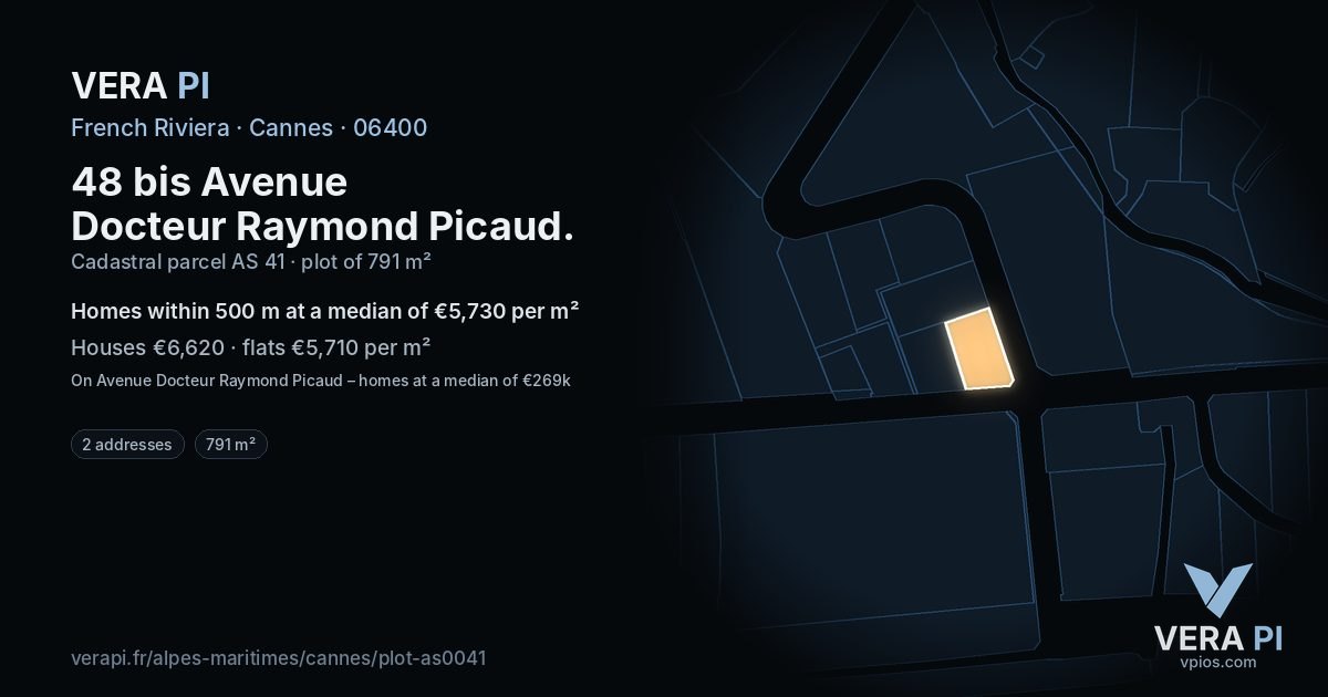 48 bis Avenue Docteur Raymond Picaud, Cannes at night – the plot lit, the parcels around coloured by the prices near them