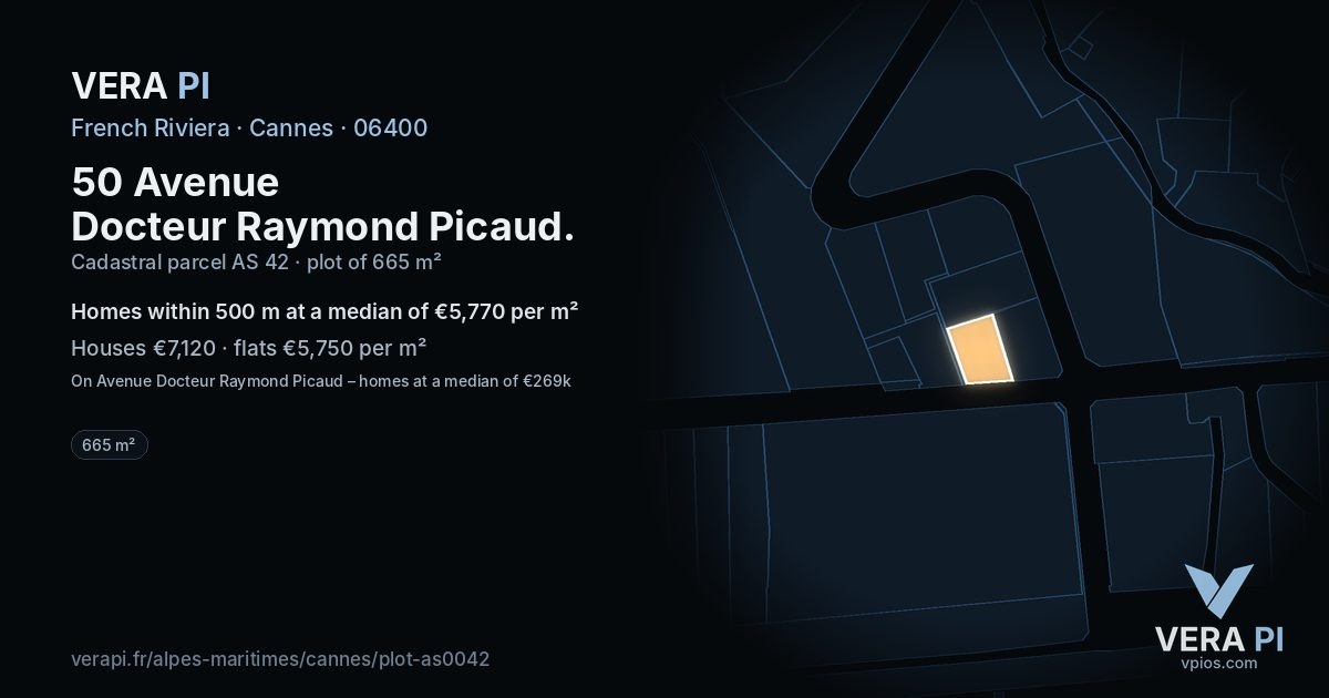 50 Avenue Docteur Raymond Picaud, Cannes at night – the plot lit, the parcels around coloured by the prices near them