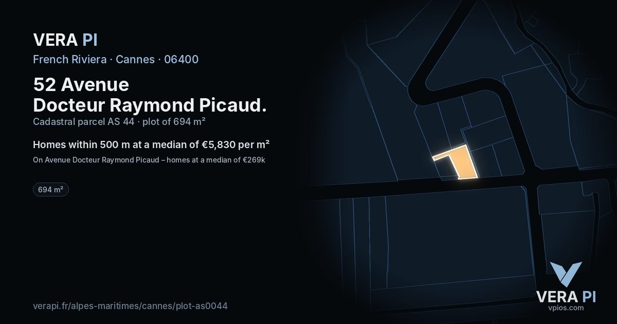52 Avenue Docteur Raymond Picaud, Cannes at night – the plot lit, the parcels around coloured by the prices near them