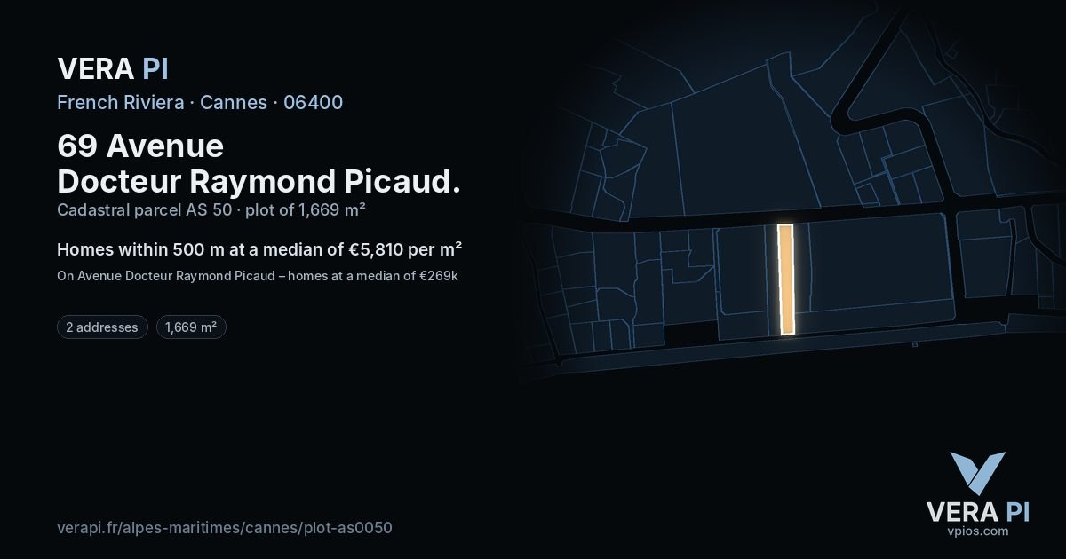 69 Avenue Docteur Raymond Picaud, Cannes at night – the plot lit, the parcels around coloured by the prices near them