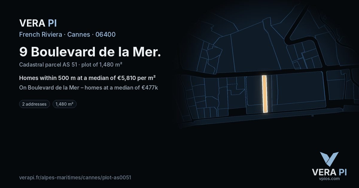9 Boulevard de la Mer, Cannes at night – the plot lit, the parcels around coloured by the prices near them