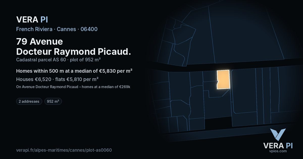 79 Avenue Docteur Raymond Picaud, Cannes at night – the plot lit, the parcels around coloured by the prices near them