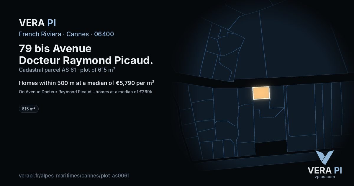 79 bis Avenue Docteur Raymond Picaud, Cannes at night – the plot lit, the parcels around coloured by the prices near them
