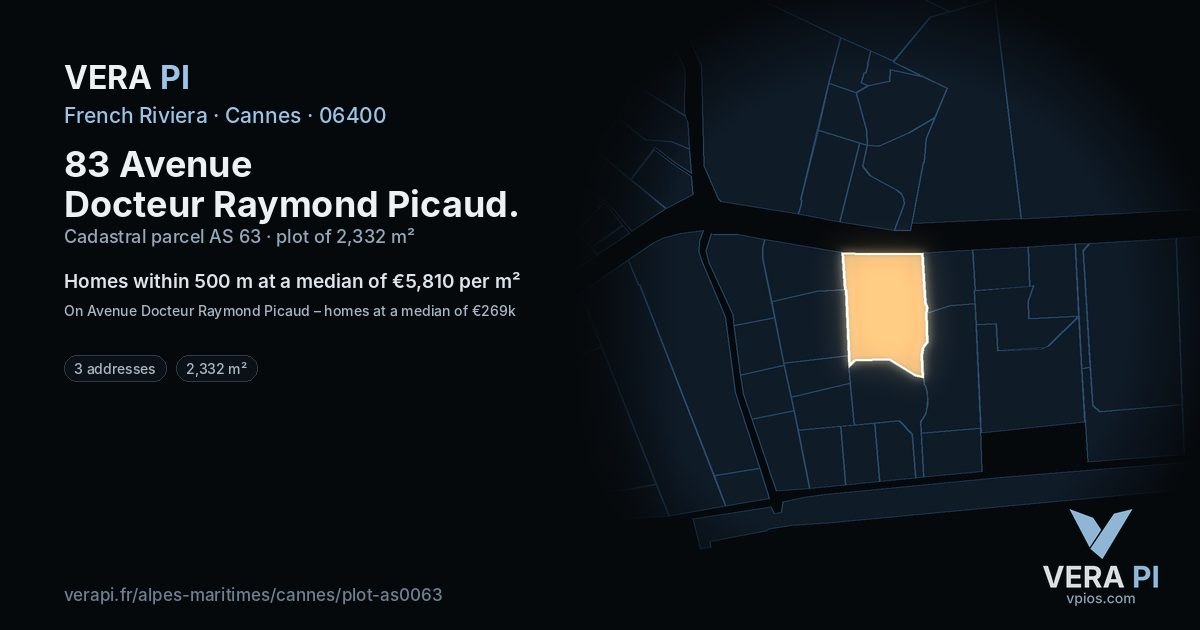 83 Avenue Docteur Raymond Picaud, Cannes at night – the plot lit, the parcels around coloured by the prices near them