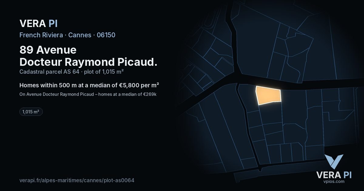 89 Avenue Docteur Raymond Picaud, Cannes at night – the plot lit, the parcels around coloured by the prices near them