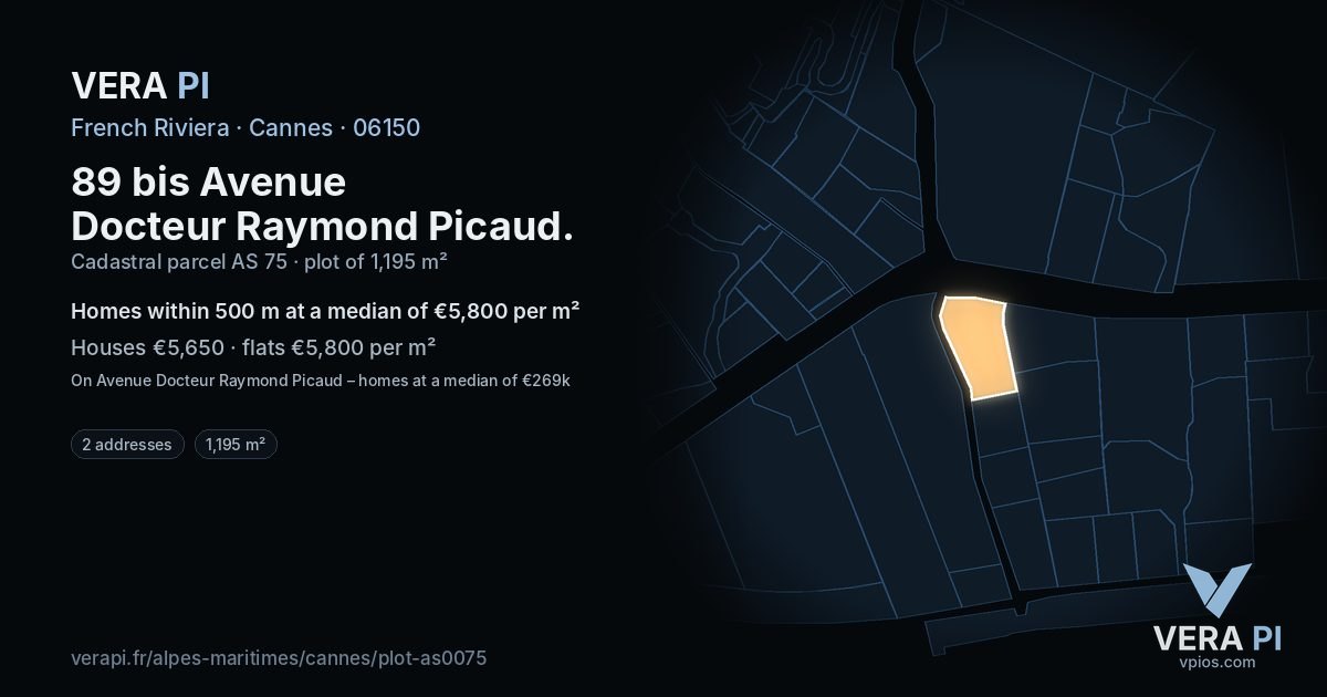 89 bis Avenue Docteur Raymond Picaud, Cannes at night – the plot lit, the parcels around coloured by the prices near them