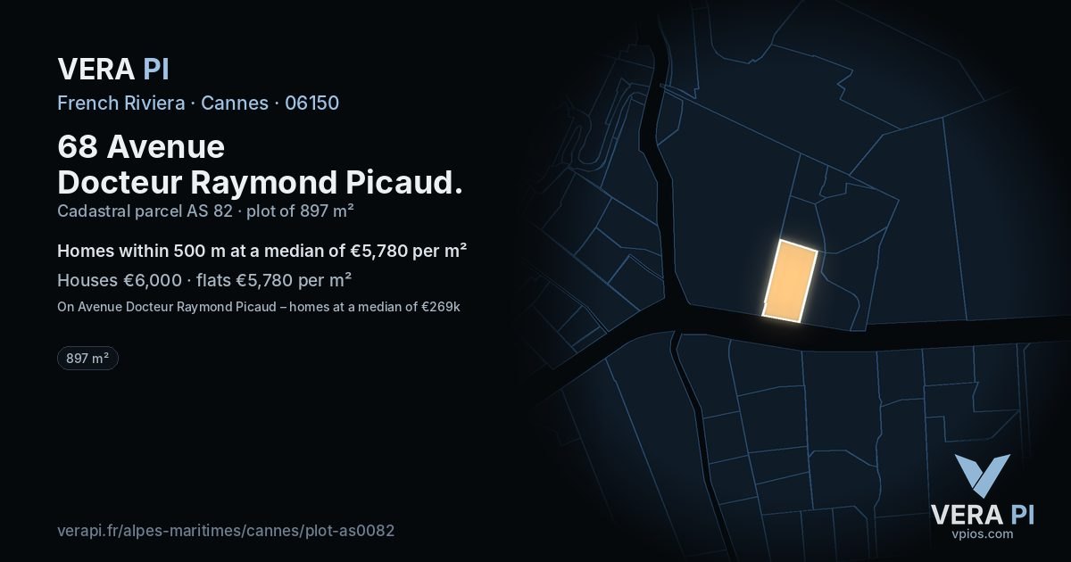 68 Avenue Docteur Raymond Picaud, Cannes at night – the plot lit, the parcels around coloured by the prices near them