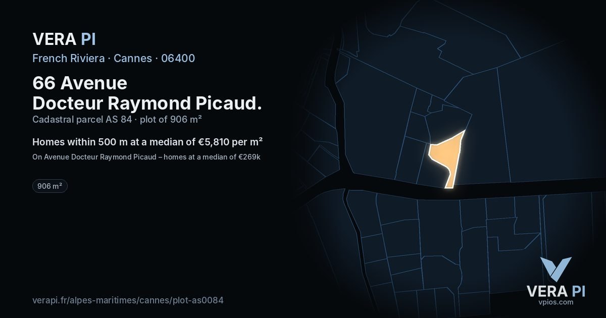 66 Avenue Docteur Raymond Picaud, Cannes at night – the plot lit, the parcels around coloured by the prices near them